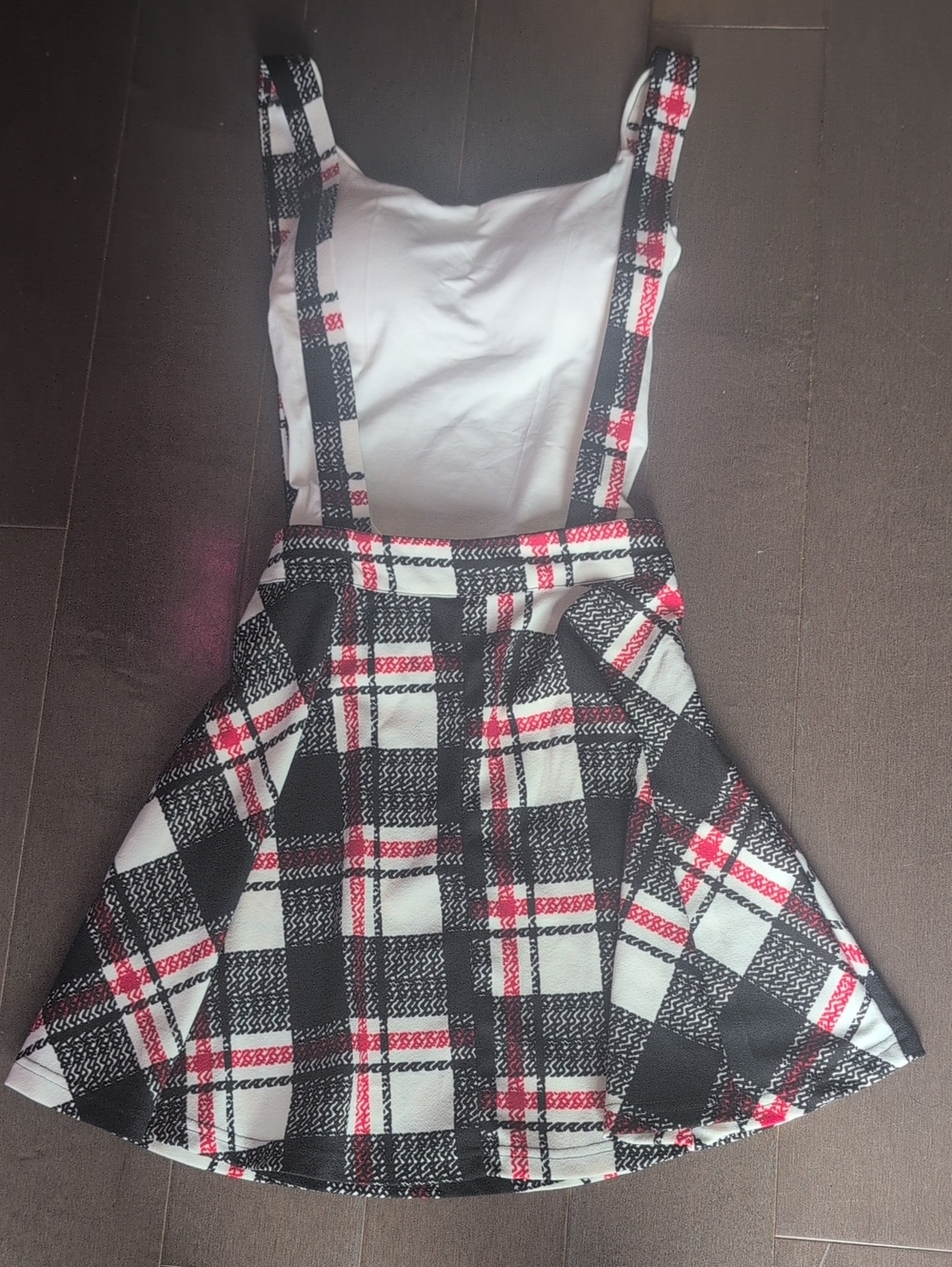Ladies Black & White Plaid Suspender Skirt with Red Accents